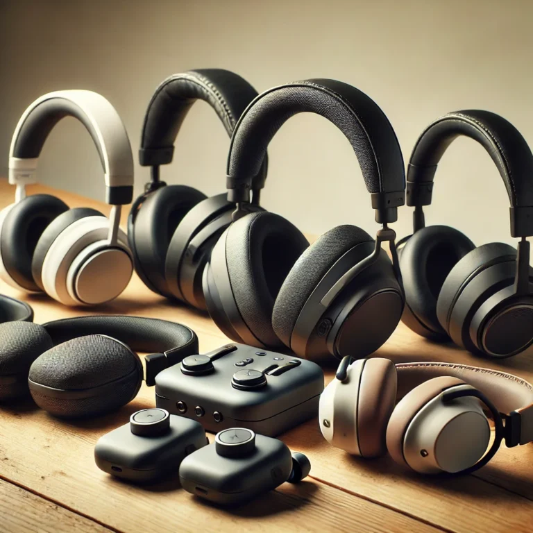 DALL·E 2025-01-25 10.25.54 - A set of headphones, including over-ear, on-ear, and in-ear styles, arranged neatly on a wooden table. The headphones have sleek, modern designs with