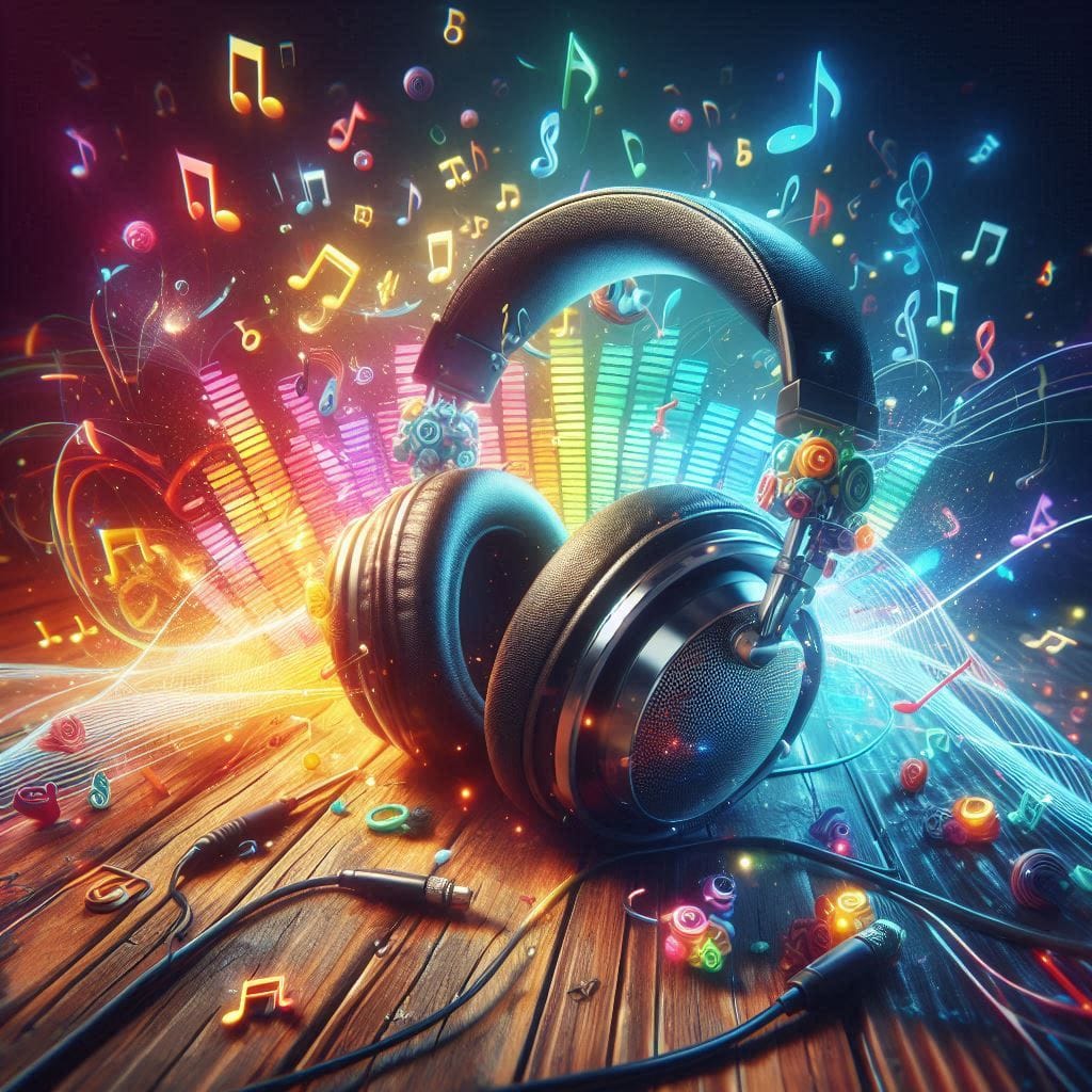 Fones de Ouvido Baratos vs. Premium: Analise. A imagem mostra um headphone preto decorado com notas musicais coloridas em sua volta.