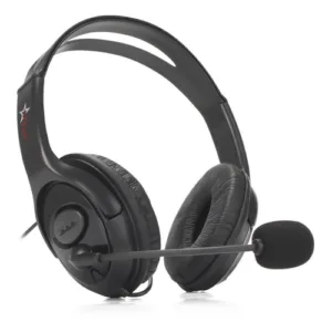 Fones com Microfone. A imagem exibe um headphone preto com microfone.